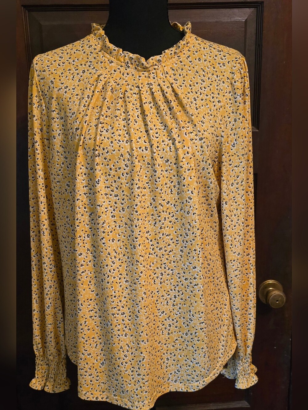 Adrianna Papell Yellow Floral Long-Sleeve Ruffle Neck Blouse